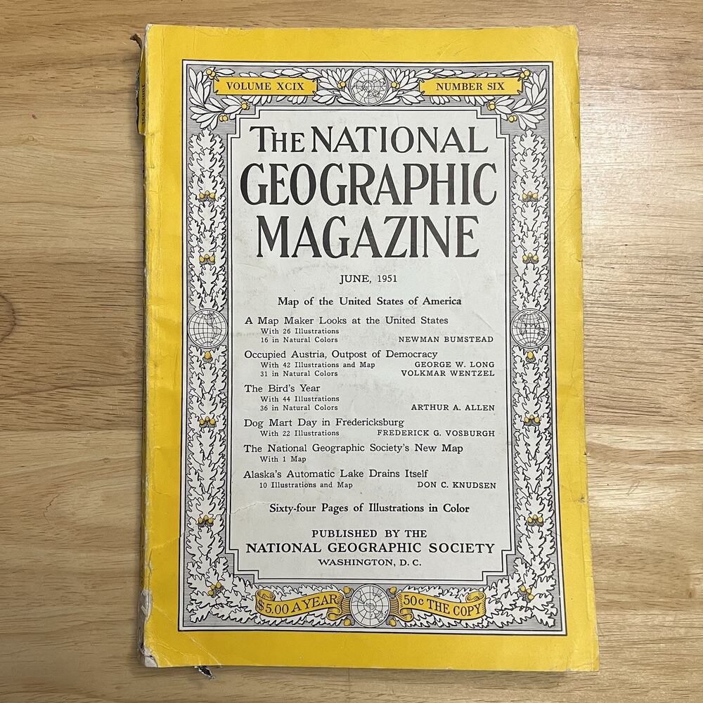 Vintage National Geographic June 1951 Map Of US Austria Birds Fredericksburg